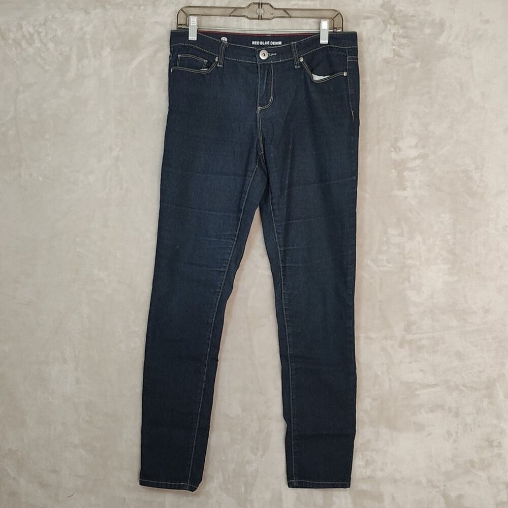 Red Blue Denim Skinny Jeans Women Juniors Size 9/10 Dark Wash Stretch Pockets